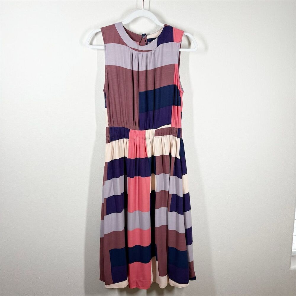 Boden Chic Full Skirted Colorblock Dress Size 6 Sleeveless Pockets High Neck